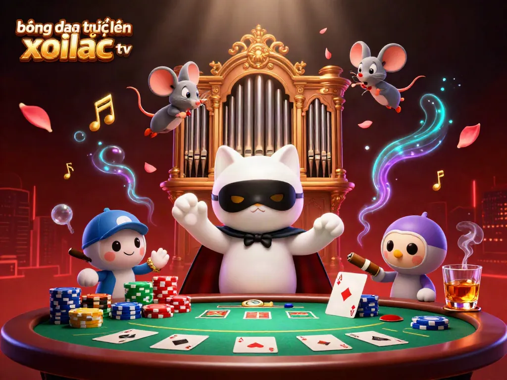 View the exciting action of bóng đá trực tuyến xoilac tv as a whimsical cat plays music while colorful poker elements surround the scene.