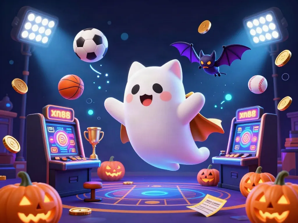 Experience the excitement with the xn88 ghost cat in a haunted casino scene filled with vibrant game elements.