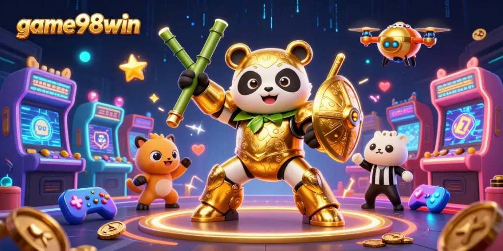 Engage in thrilling gameplay with game98win in an exciting 3D casino scene filled with vibrant characters and game elements.