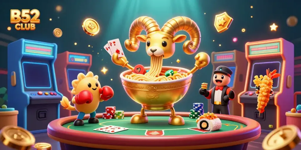 Engage with B52 CLUB's vibrant gaming scene featuring a friendly giant ramen bowl dealer.