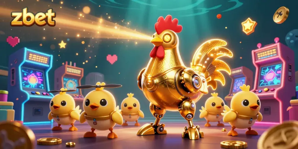 Engage with zbet's vibrant casino experience featuring a golden rooster robot and animated arcade elements.