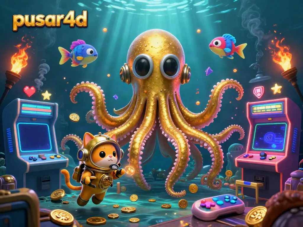 Experience pusar4d's gaming adventure with a colorful 3D scene featuring a kraken, diving cat, and arcade elements.
