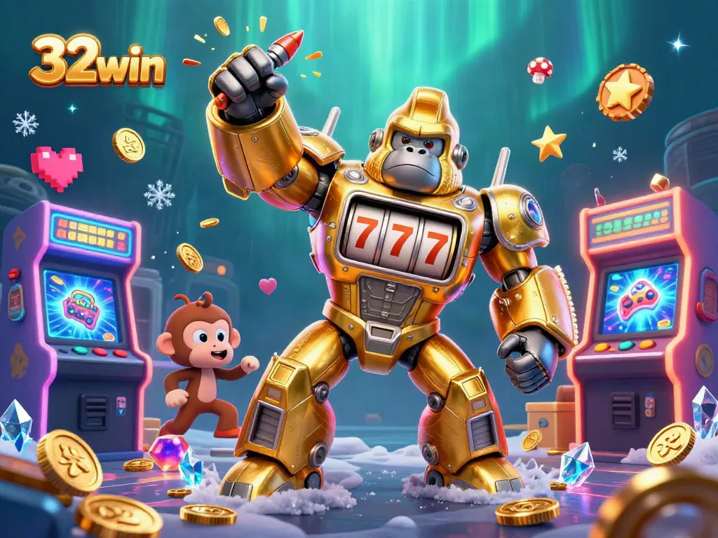 Experience the thrill of 32win with an exciting golden gorilla mech bursting with coins and game machines.
