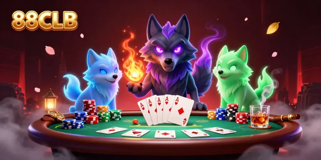 Experience thrilling gameplay at 88CLB with a dynamic poker scene featuring mystical wolves and vibrant game elements.