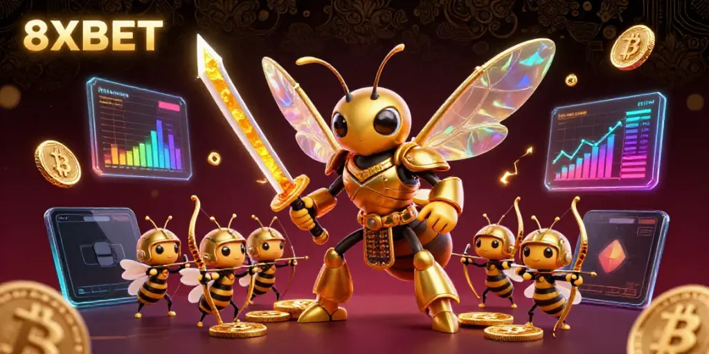 Experience the excitement of 8XBET with a vibrant 3D illustration of an energetic online casino environment.