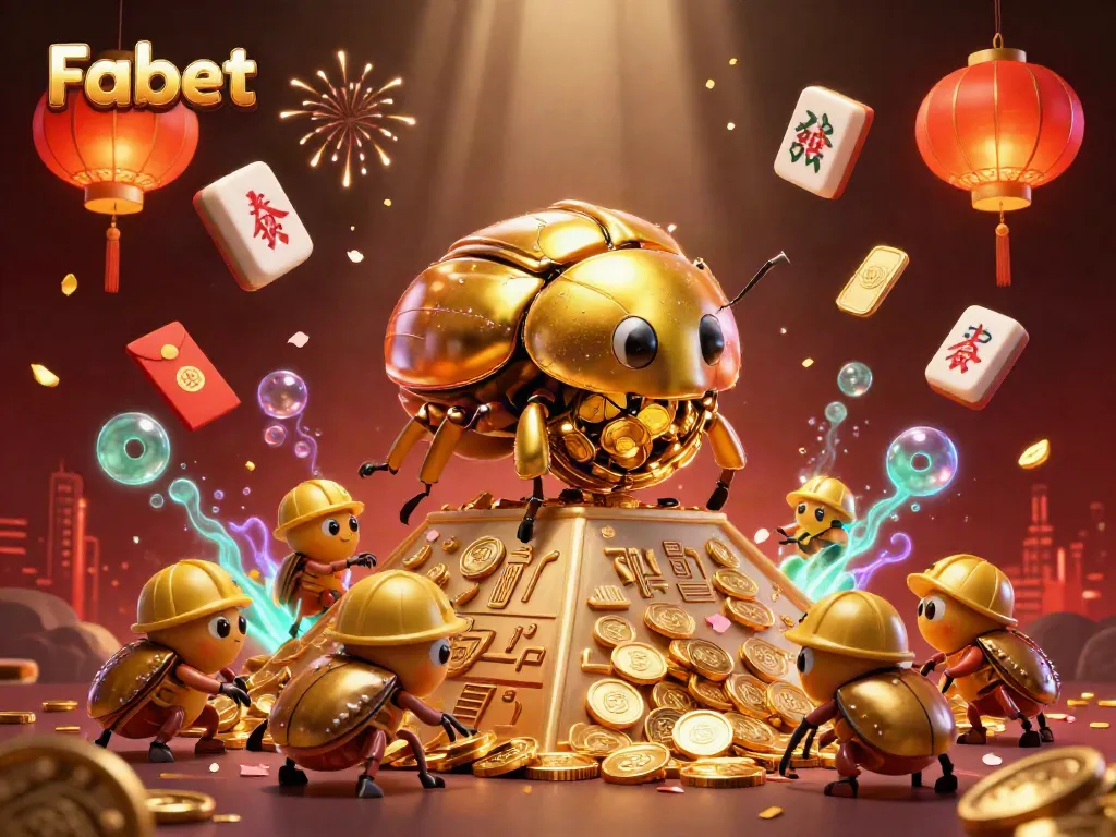 Experience Fabet's casino excitement with golden beetles and festive elements in an immersive 3D scene.
