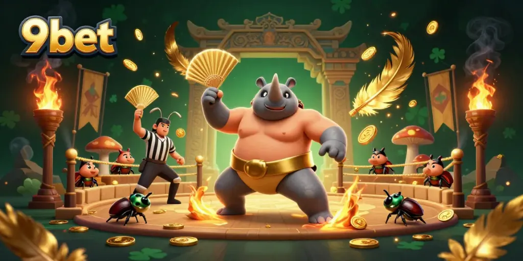 Experience the excitement of 9bet with a dynamic sumo champion beetle amidst gold coins and vibrant elements.