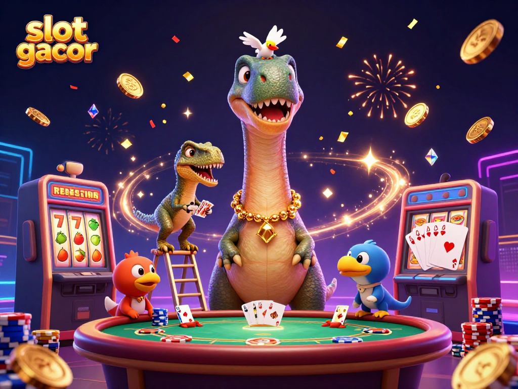 Experience thrilling slot gacor gameplay with a giant brontosaurus and a raptor dealer in an exciting casino.