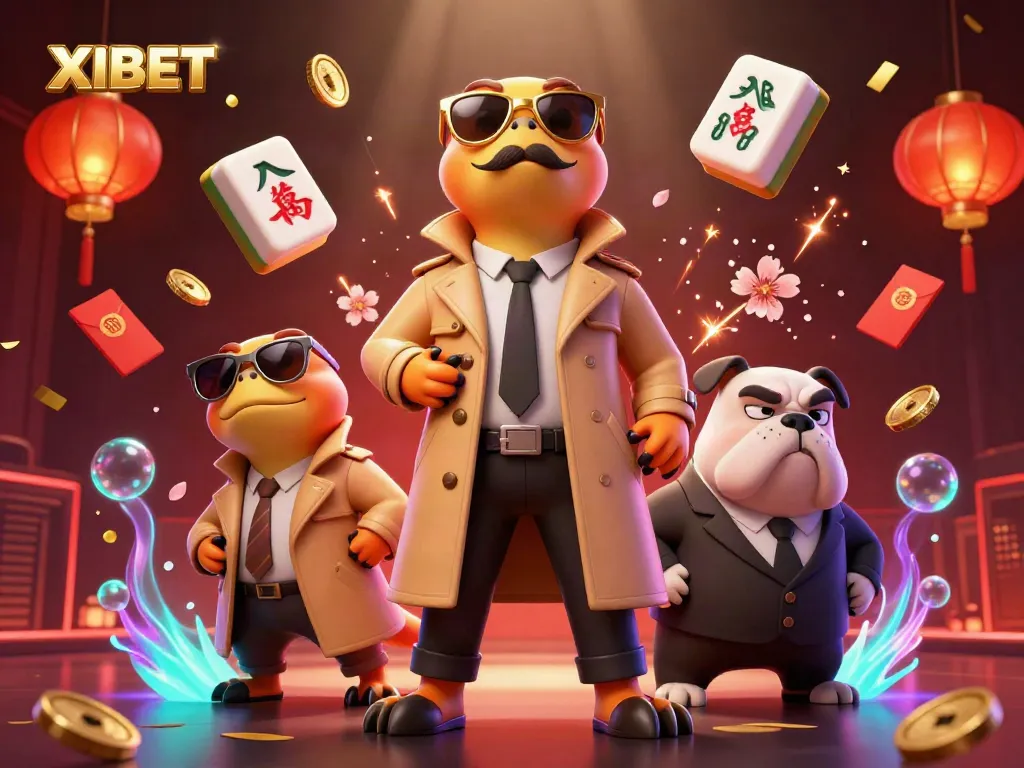 XIBET players have fun entering a VIP casino lounge, evoking excitement with colorful game elements and characters.