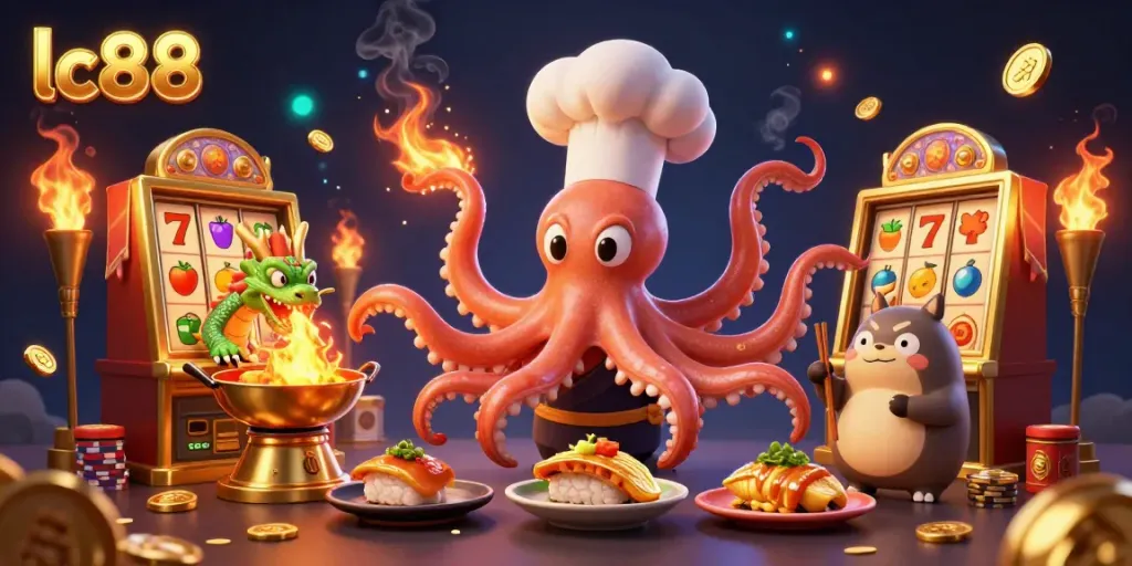 Engage with the vibrant lc88 casino scene featuring a sushi chef octopus, a fire-breathing dragon, and a playful tanuki.