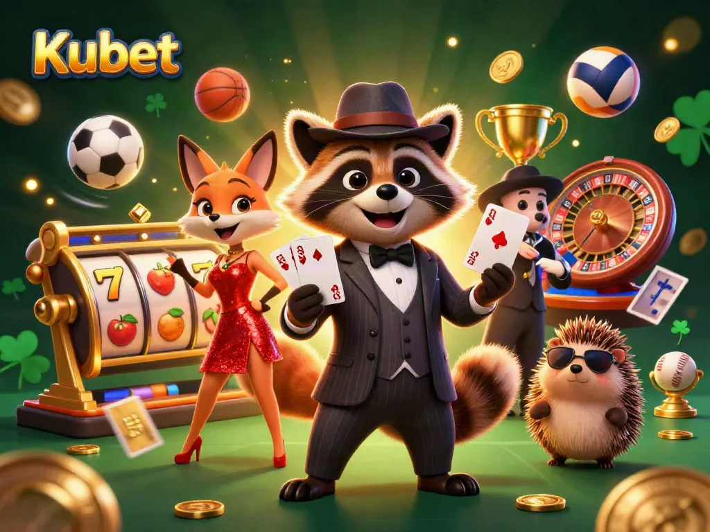Kubet showcases winning card strategies with a raccoon, fox, and hedgehog amid spinning slot reels.