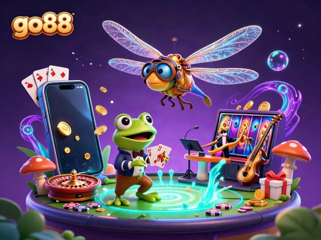Experience the fun of go88 with a vibrant casino scene featuring a dragonfly pilot and frog croupier.
