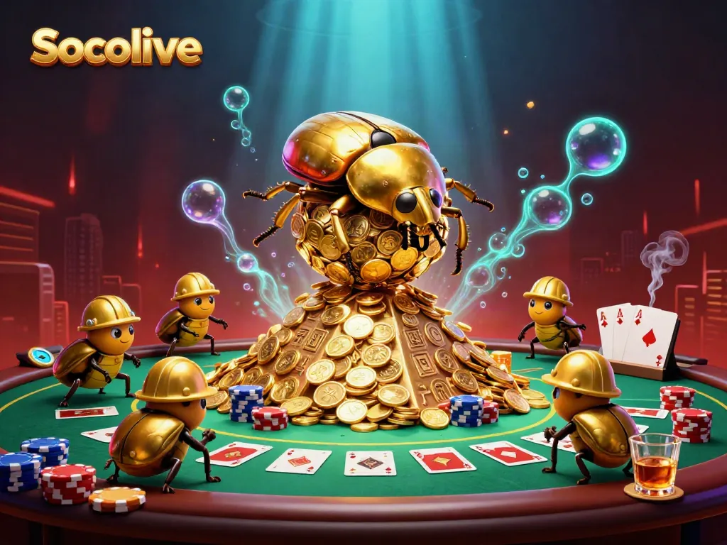 Socolive brings excitement with a golden dung beetle rolling coins up a casino-themed pyramid.