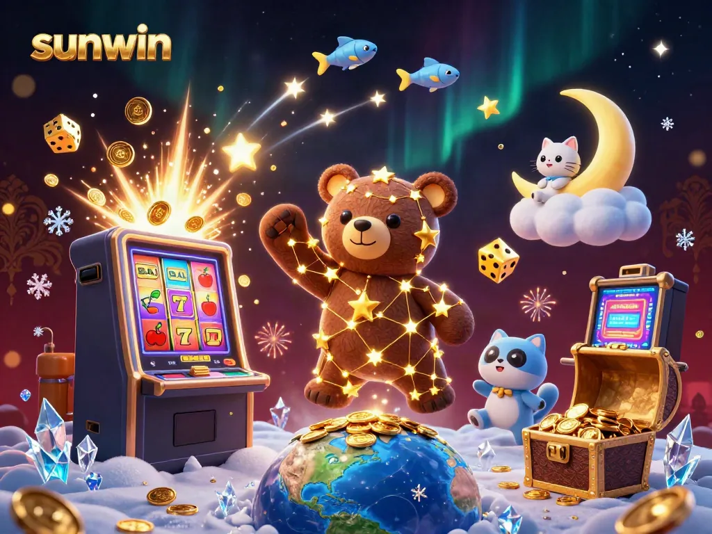 Experience sunwin's vibrant gaming world with a golden constellation bear and a dazzling jackpot scene