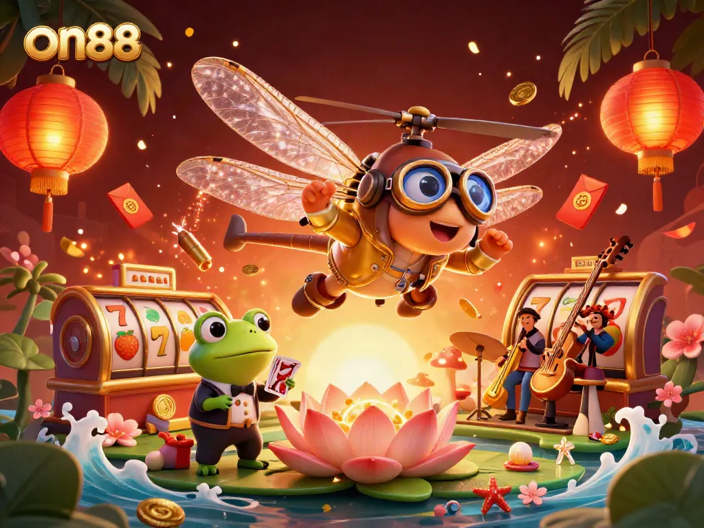 Engage in vibrant gaming at on88, illustrated with a dragonfly pilot and frog dealer amidst lively casino elements.