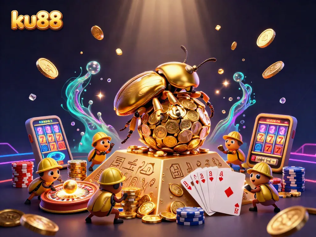 Engage in thrilling gameplay with ku88, featuring golden beetles and vibrant casino elements dynamically scattering.