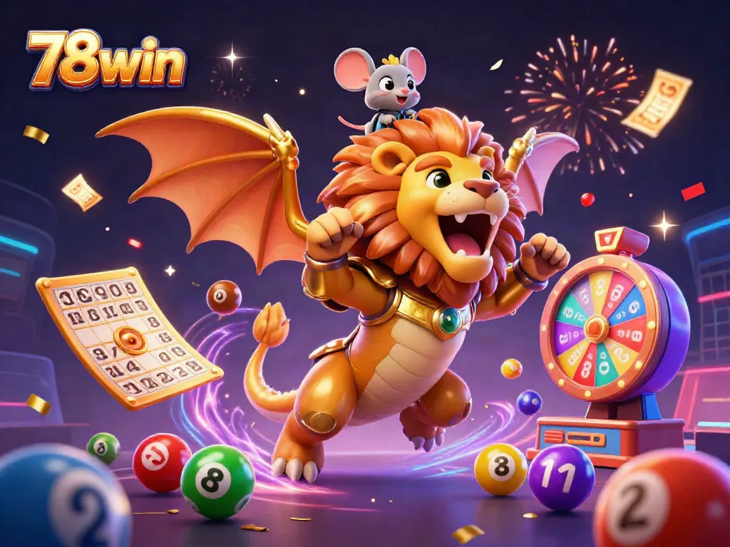 Experience thrilling games with 78win's lively 3D illustration showcasing a golden armored chimera and exciting casino elements.