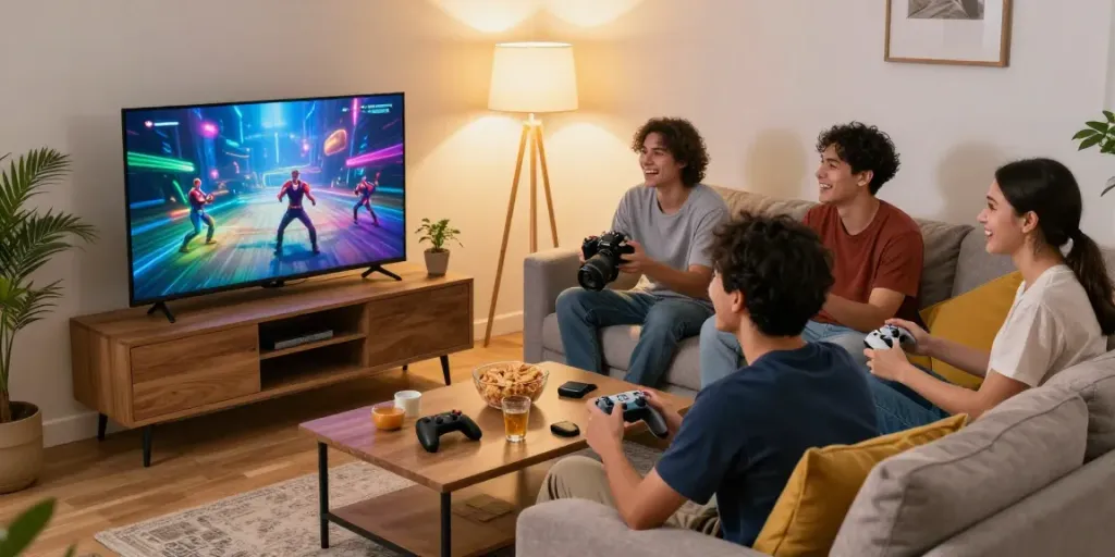 Friends playing games on kilat404 platform in a cozy living room.
