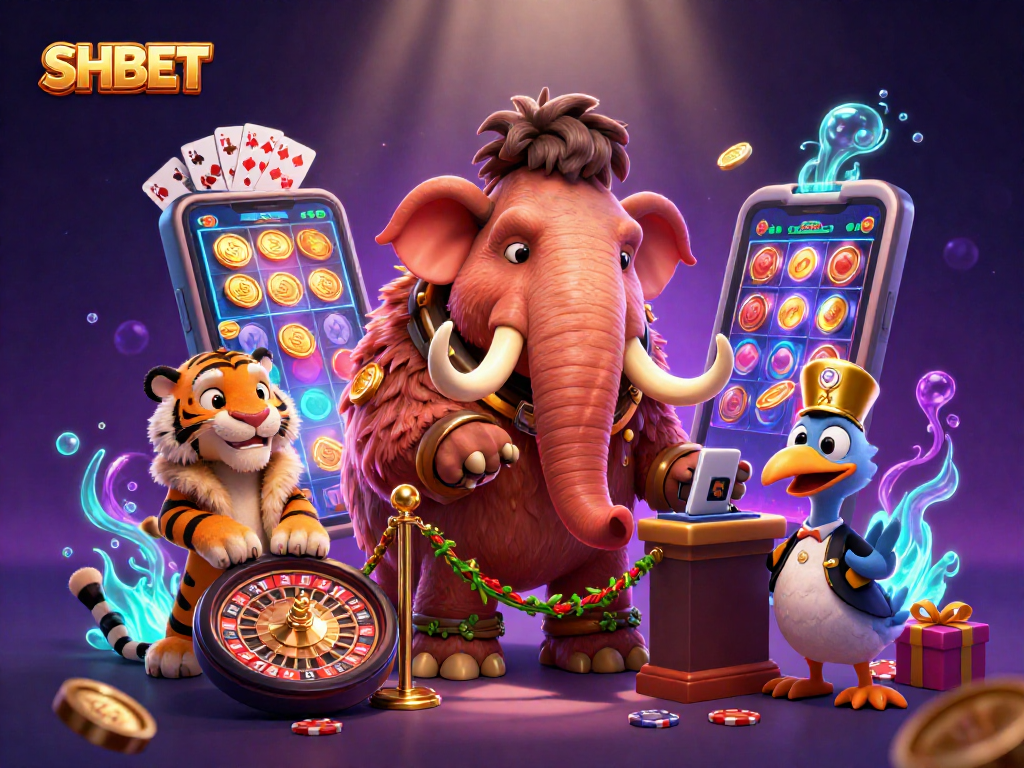 Experience the thrill of SHBET with a vibrant 3D casino scene featuring unique characters.