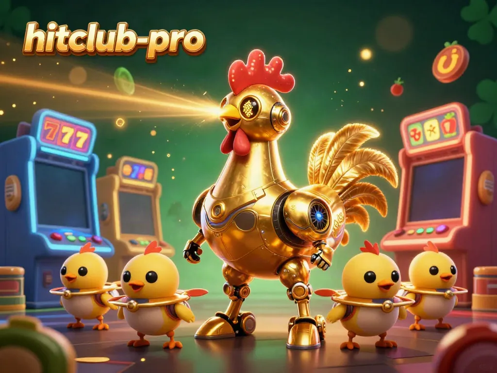 Experience thrilling gameplay at hitclub-pro with a vibrant illustration featuring a golden rooster robot and colorful slots.