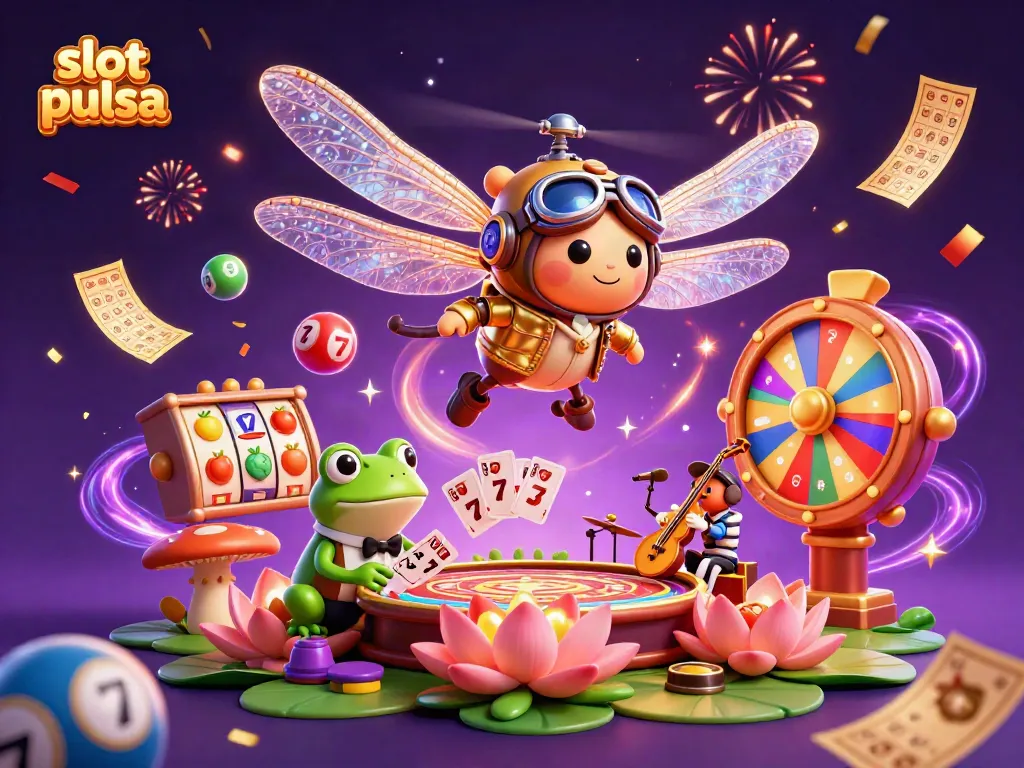 Experience thrilling adventures with slot pulsa in this dynamic 3D illustration featuring unique casino elements.