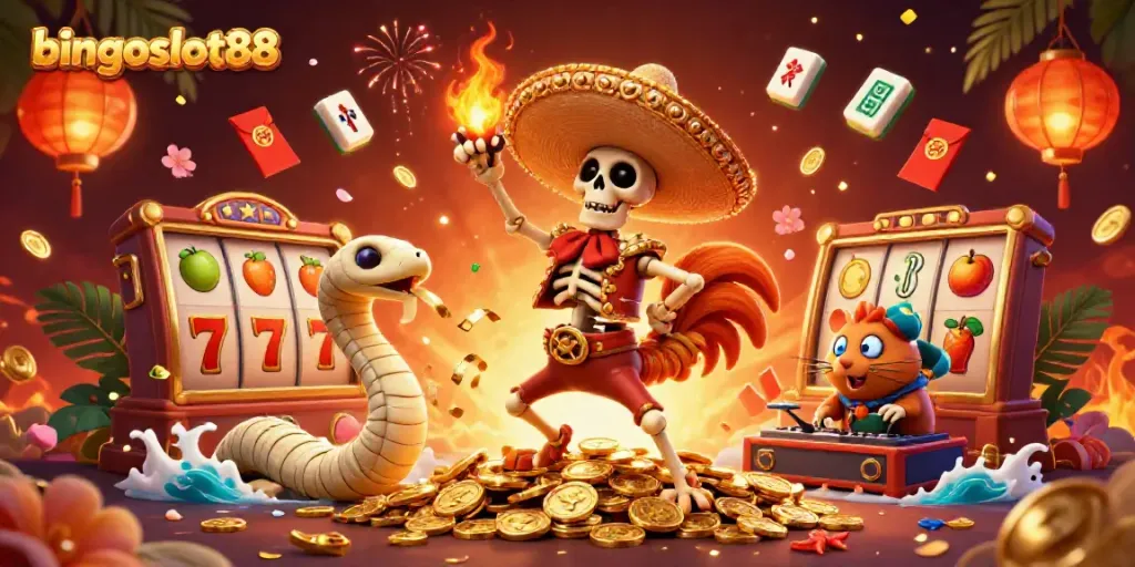 bingoslot88 menampilkan ilustrasi karnaval kasino yang meriah dengan karakter menarik serta elemen slot yang berkilau.