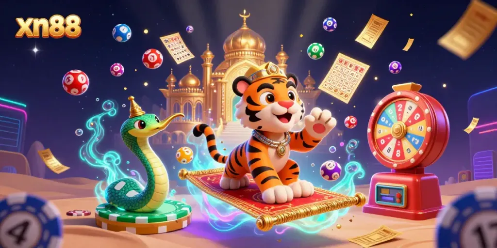 Experience the magic of xn88 with a vibrant 3D casino-themed illustration featuring a tiger sultan.