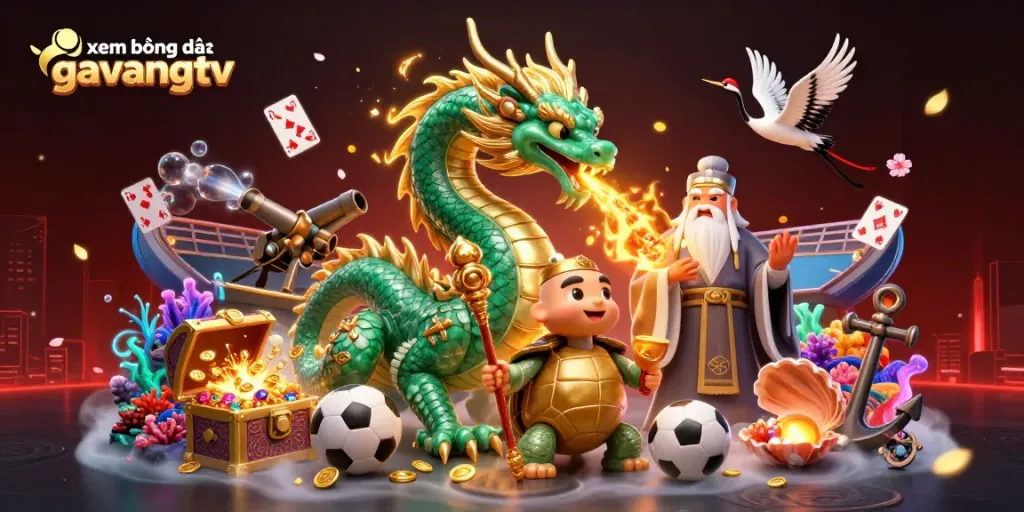 Experience xem bóng đá gavangtv with a vivid scene of mythical creatures and gambling elements.