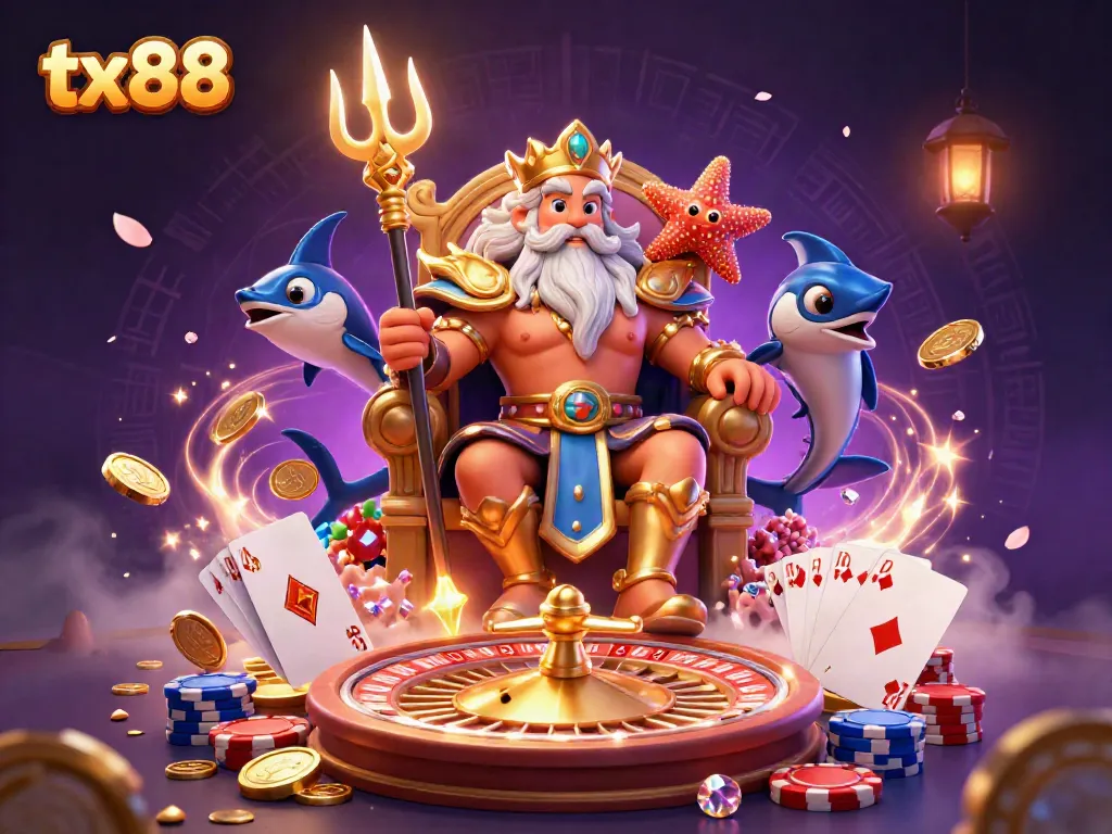 Experience the gaming excitement of tx88 with Neptune, treasure, and vibrant casino elements!