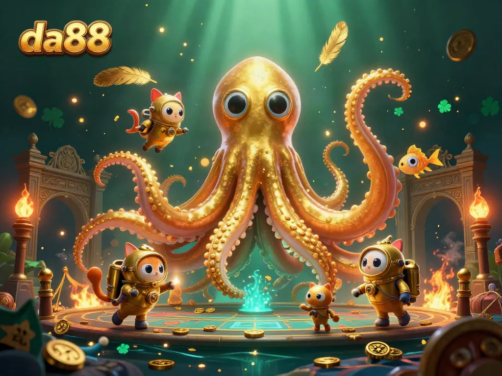 Engage in thrilling underwater adventures at da88, featuring a majestic kraken and a whimsical diving cat amidst vibrant casino elements.