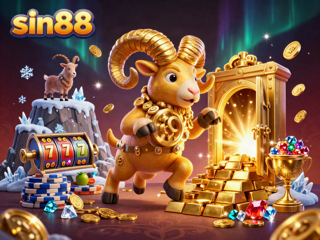 Experience thrilling gameplay at sin88 with a golden ram charging through stacked coins in a vibrant casino setting.