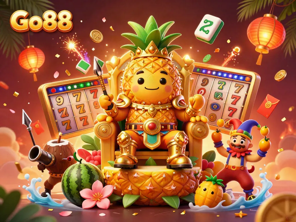 Engage with Go88's vibrant online gambling experience featuring a golden pineapple king and dynamic casino elements.