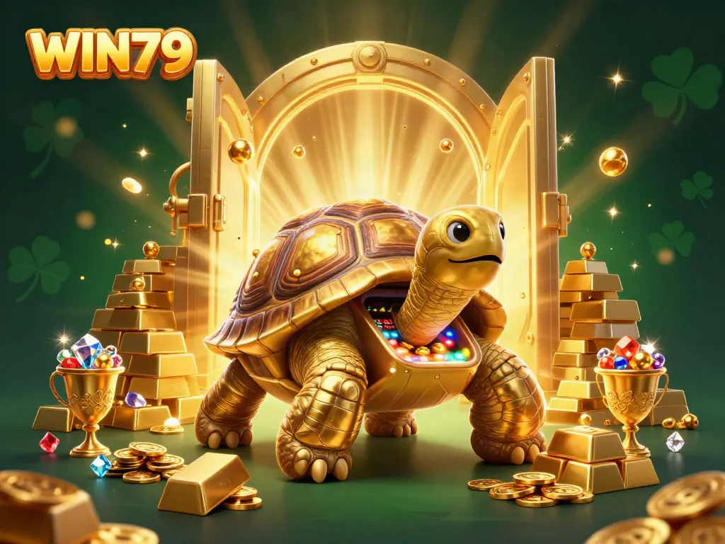 Join the fun at WIN79, featuring a cartoon tortoise pinball machine amidst treasures and vibrant casino elements.