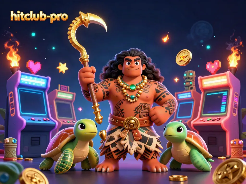 Join the hitclub-pro with the vibrant 3D cartoon scene featuring a hawk demigod and arcade game elements.