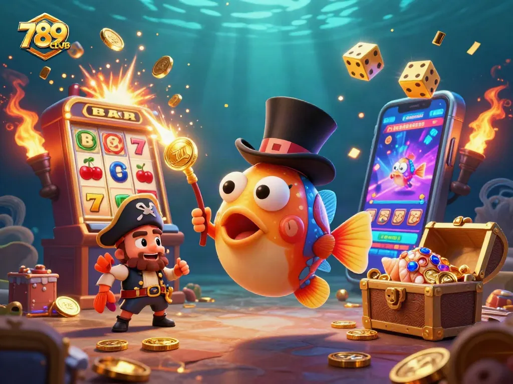 Engage with 789CLUB's thrilling underwater casino experience, showcasing dynamic characters and exciting game elements.