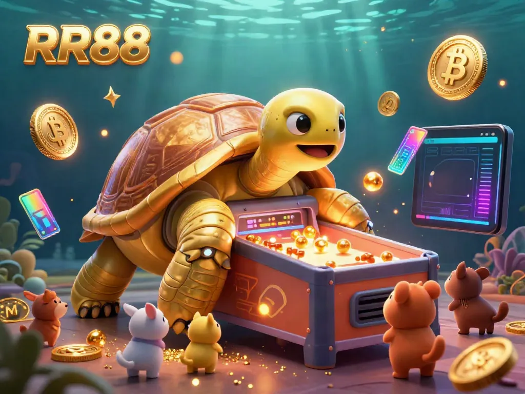 Experience the excitement of RR88, where gaming meets crypto with a whimsical 3D tortoise and eager players.