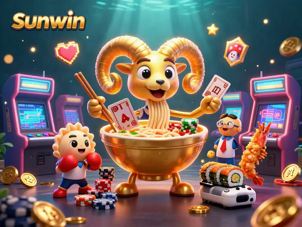Join the fun at Sunwin with a vibrant 3D casino scene featuring colorful characters and games.