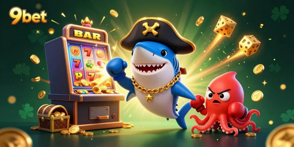 Experience thrilling gameplay with 9bet, featuring a pirate shark, pufferfish, and octopus in a vibrant casino scene.