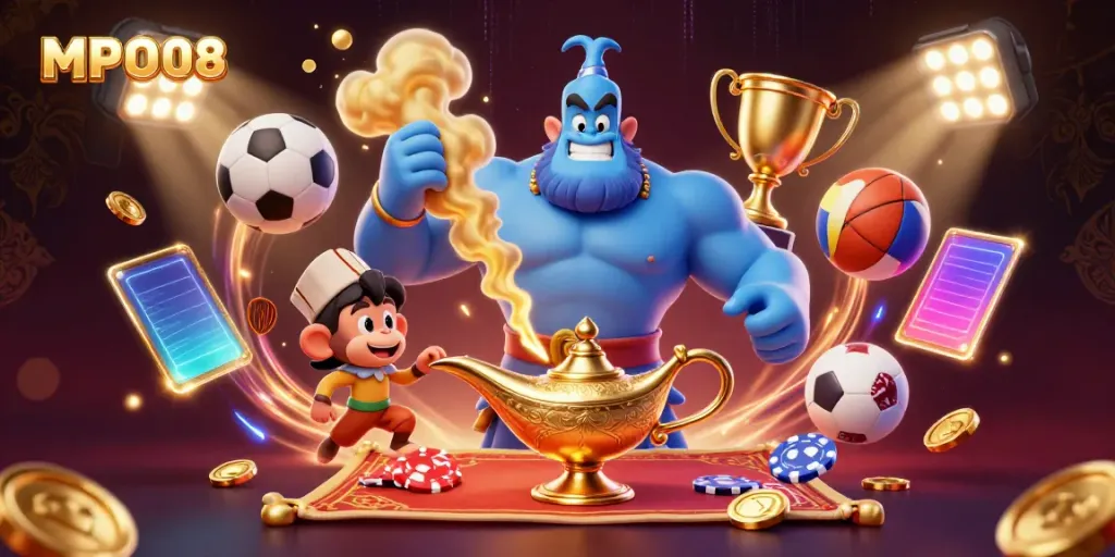 MPO08 showcases an energetic casino scene with a genie, monkey, and poker elements, capturing the thrill of gambling.