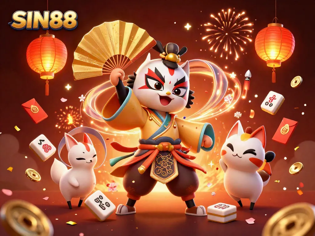 SIN88 showcases vibrant casino culture with a kabuki warrior and kitsune mask in a festive setting.