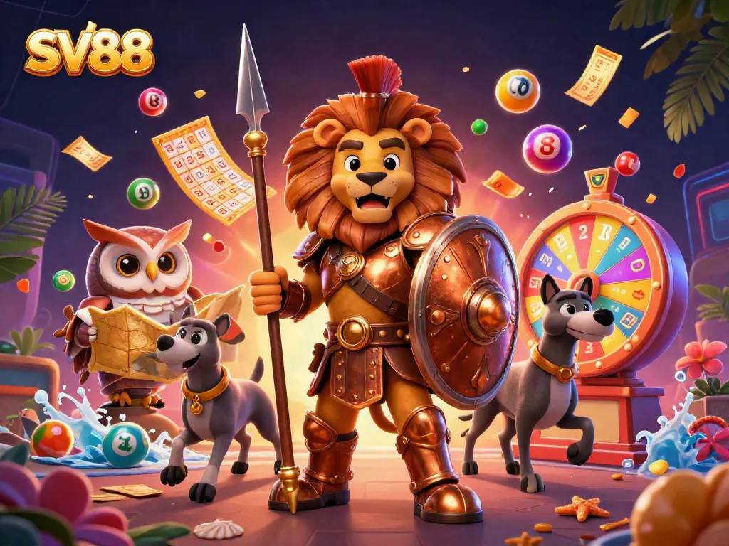 SV88 captures the excitement of lottery with vibrant elements and dynamic characters in a thrilling casino scene.
