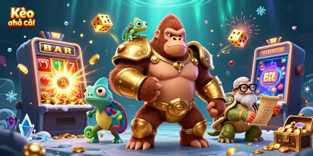 Engage with Kèo nhà cái through an exciting scene featuring a powerful gorilla and vibrant casino symbols.
