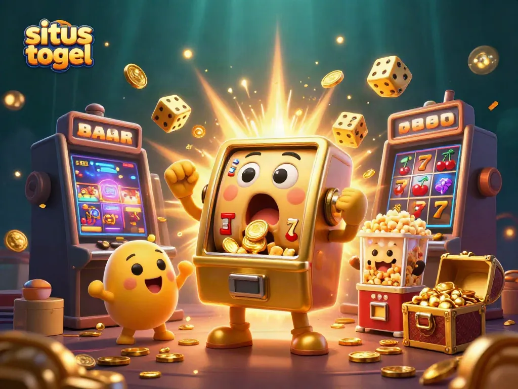 Experience excitement at situs togel with colorful slot machines and gold coins pouring from a joyous jackpot.