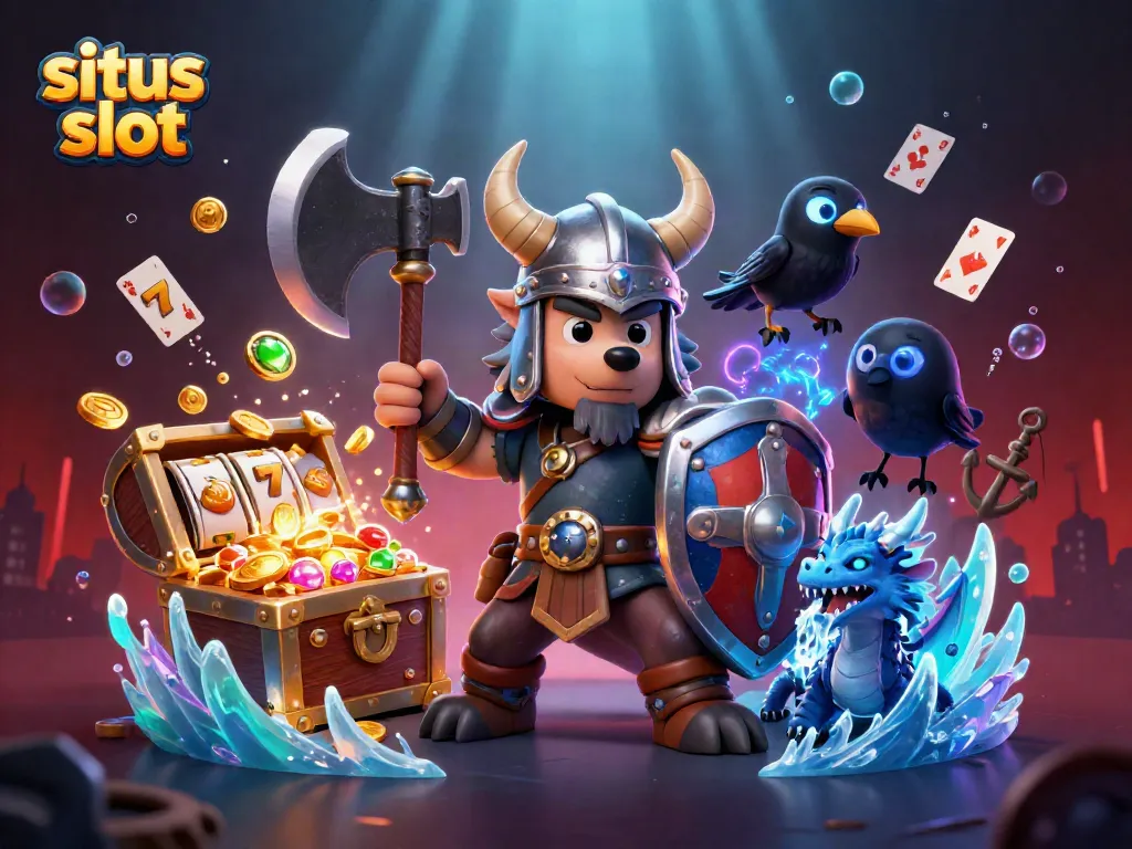 Situs slot illustration featuring a bold Viking wolf, fierce dragon, and glowing raven amid dynamic slot gameplay elements.