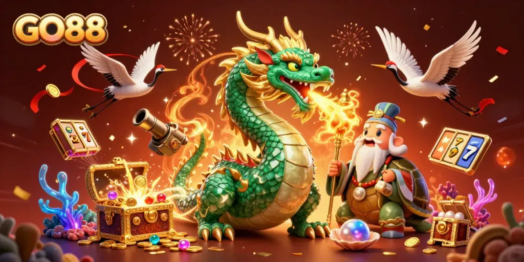 Experience winning with GO88 through an exciting 3D casino illustration featuring a jade dragon, turtle sage, and game elements.