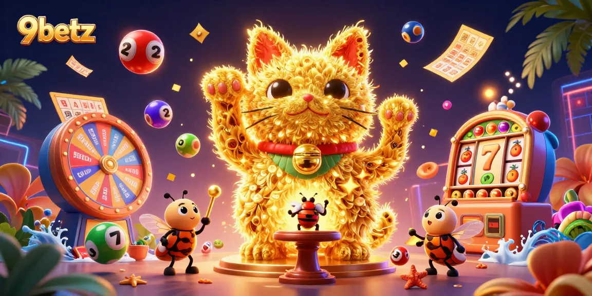 Experience the thrill of 9betz with vibrant casino elements and a golden lucky cat illustration.