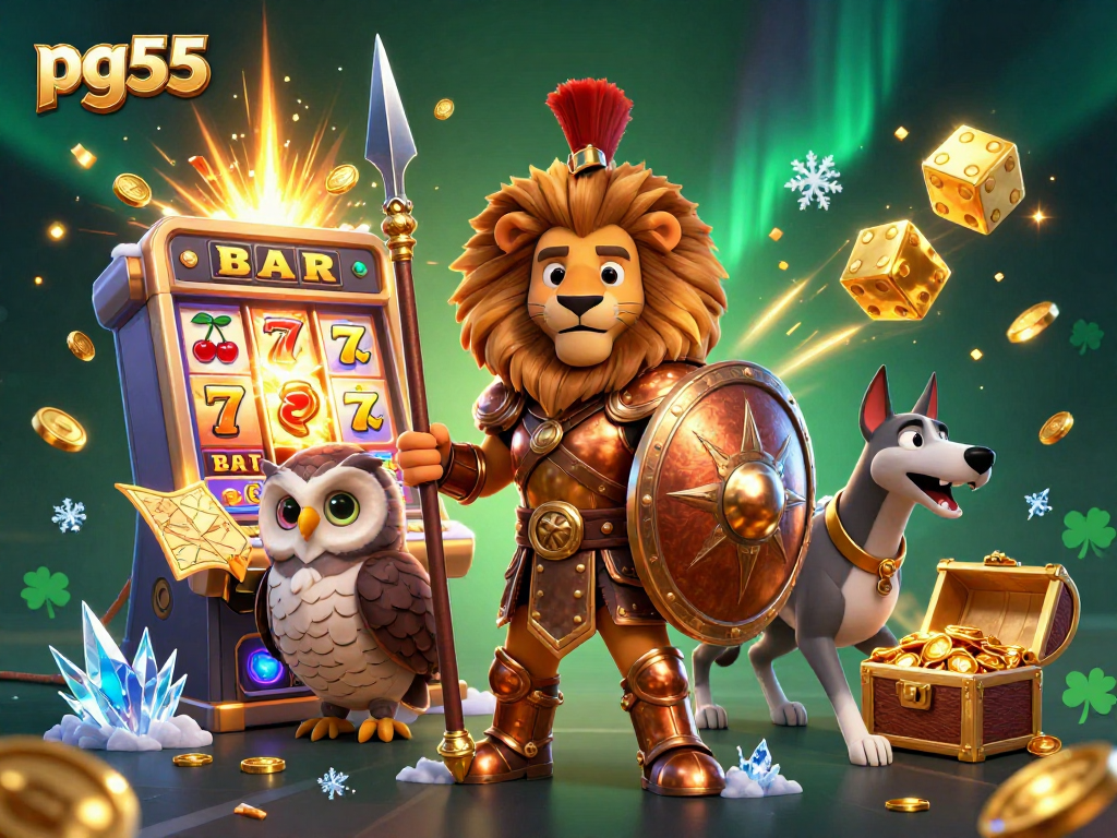Spin and win with pg55; a vibrant, energetic casino scene featuring a lion, owl and greyhound.