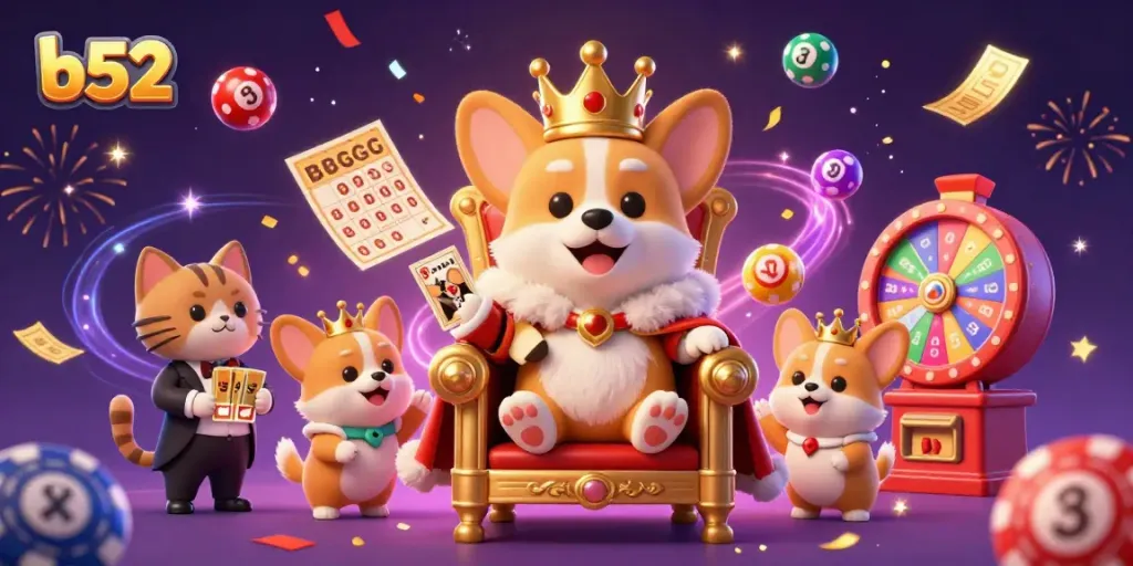 Engage in thrilling casino fun with b52, featuring a royal corgi on a poker chips throne.