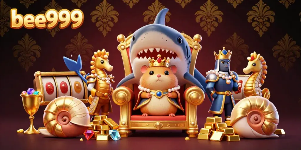 Engage with the world of bee999 gaming featuring a fierce hamster king, gold treasures, and lively casino elements.