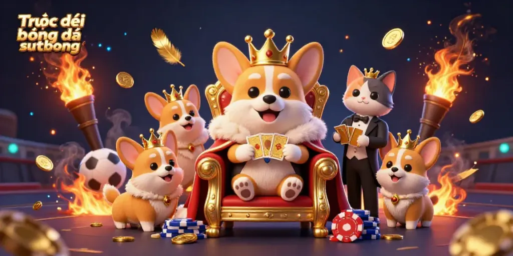 Watch Trực tiếp bóng đá sutbong featuring a royal corgi and cat butler in a vibrant casino setting.